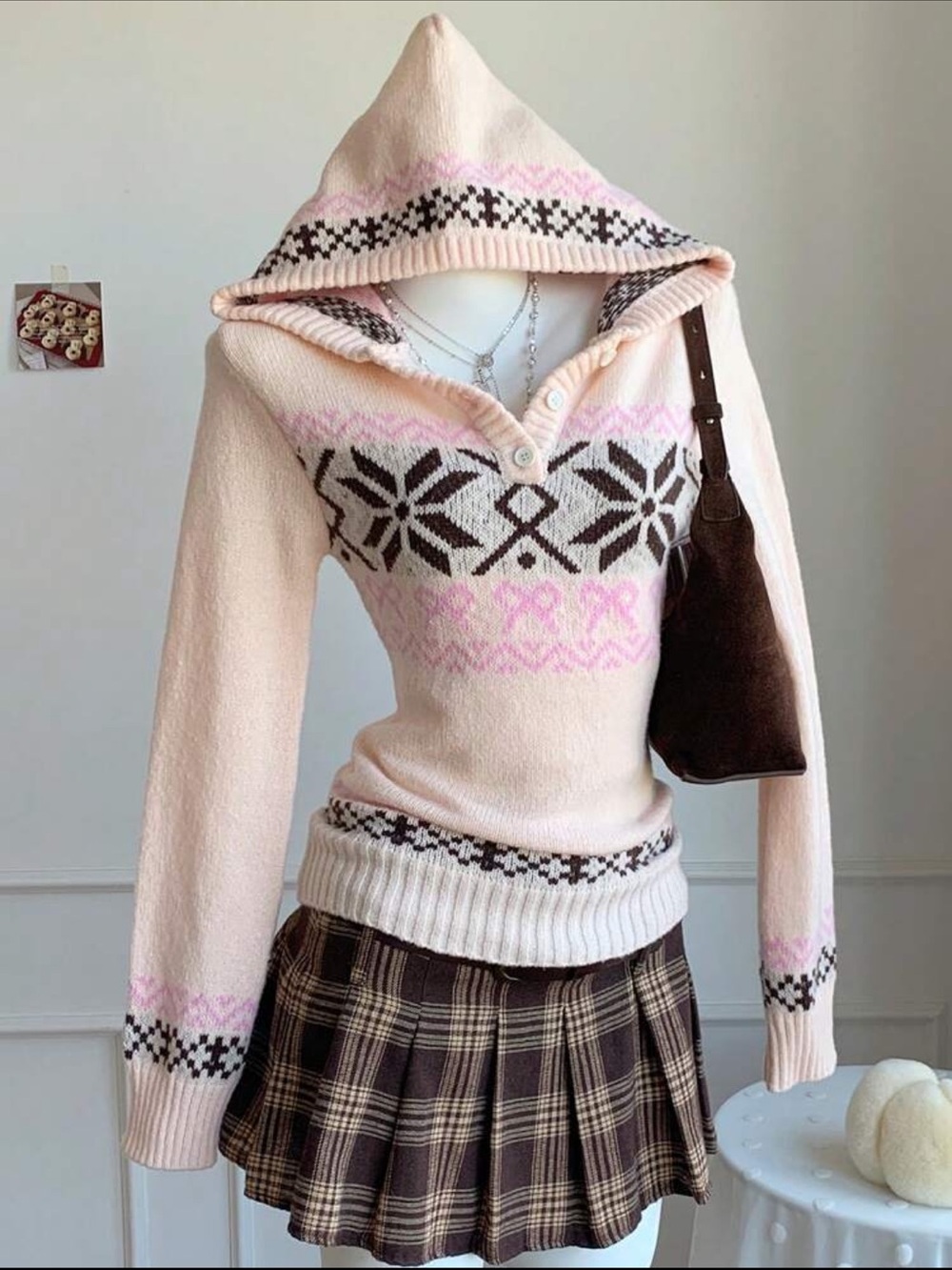 Hooded Fair Isle Knit Sweater - Pink